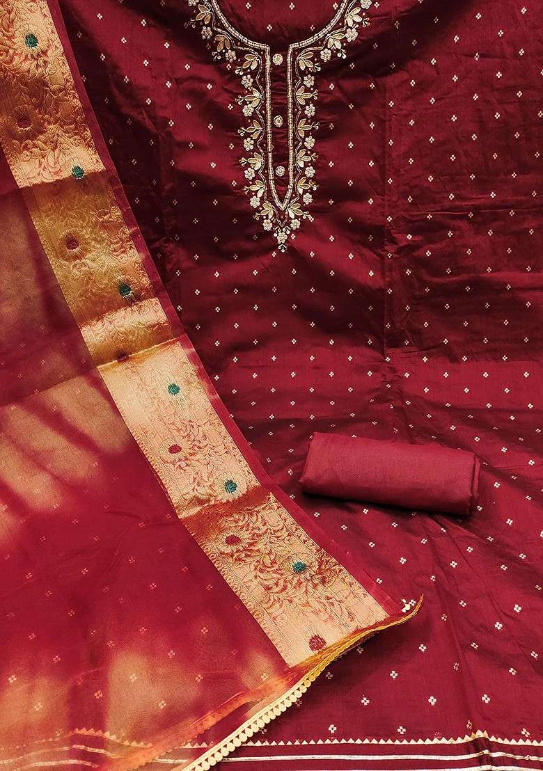 Maroon Embroidered Blended Straight Kurta Set - Indya