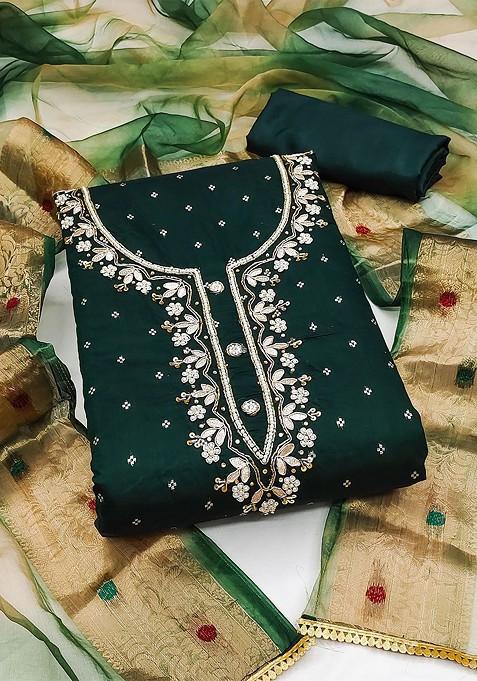 Green Woven Poly Blend Kurta Set