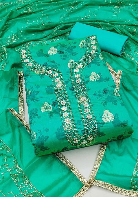 Sea Green Floral Print Poly Blend Kurta Set