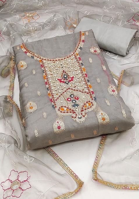 Grey Woven Organza Kurta Set