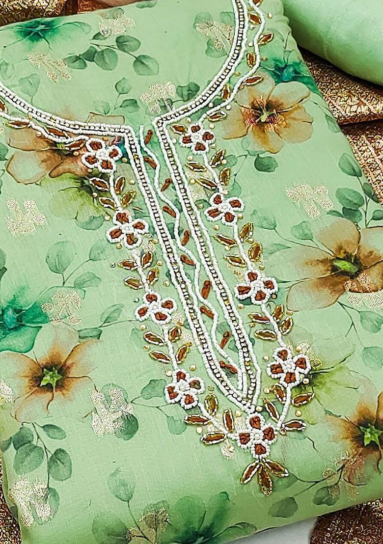 Fluorescent Green Floral Print Poly Blend Kurta Set