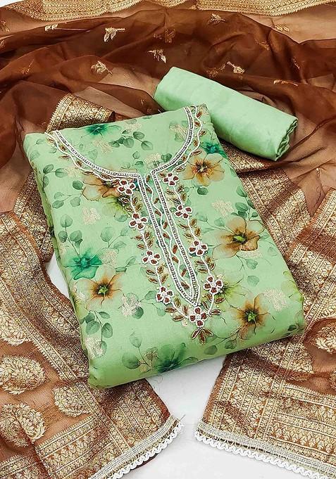 Fluorescent Green Floral Print Poly Blend Kurta Set