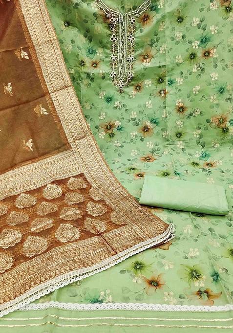 Fluorescent Green Floral Print Poly Blend Kurta Set