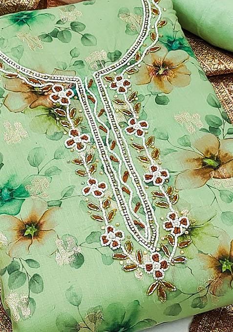 Fluorescent Green Floral Print Poly Blend Kurta Set