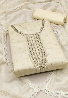 Off White Embellished Poly Blend Kurta Set