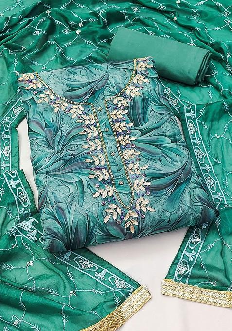 Sea Green Floral Print Organza Kurta Set