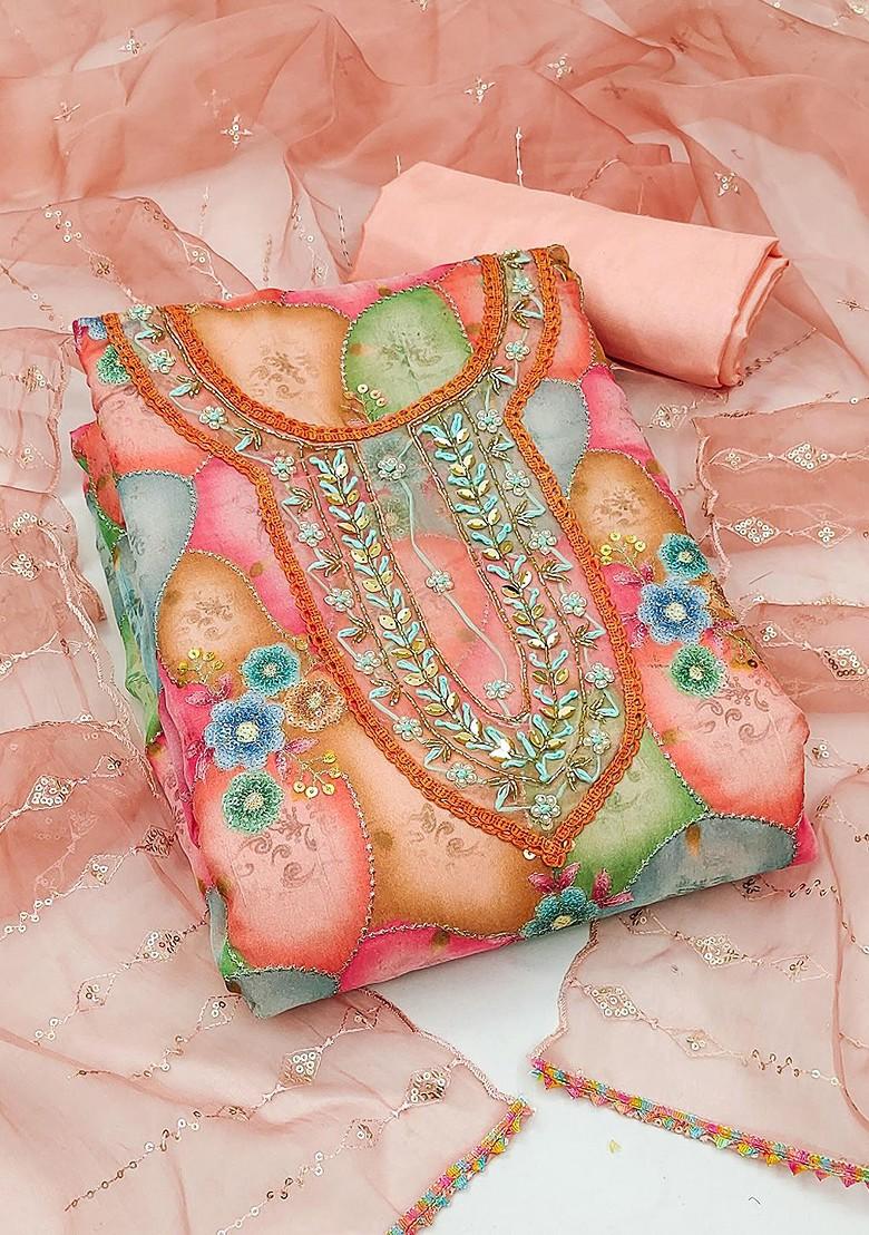 Peach Embellished Organza Kurta Set - Indya