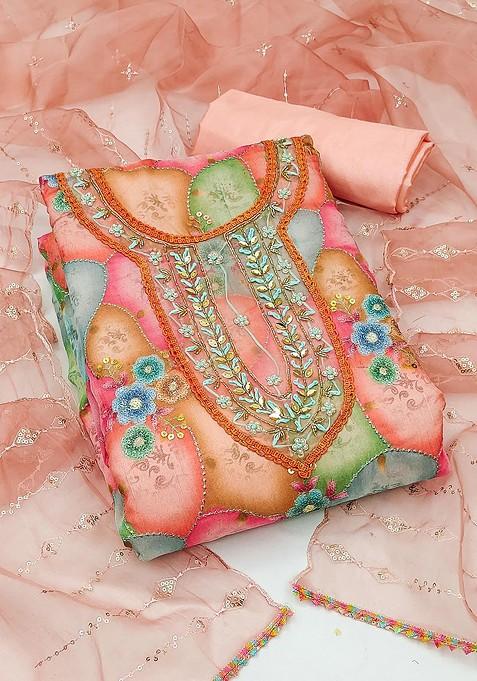 Peach Embellished Organza Kurta Set