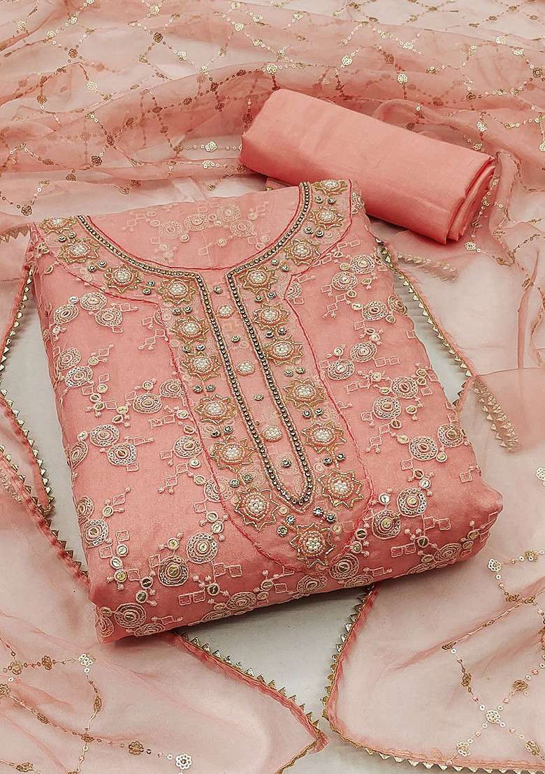 Peach Embroidered Organza Straight Kurta Set - Indya