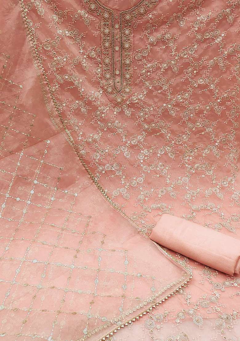 Peach Embroidered Organza Straight Kurta Set - Indya