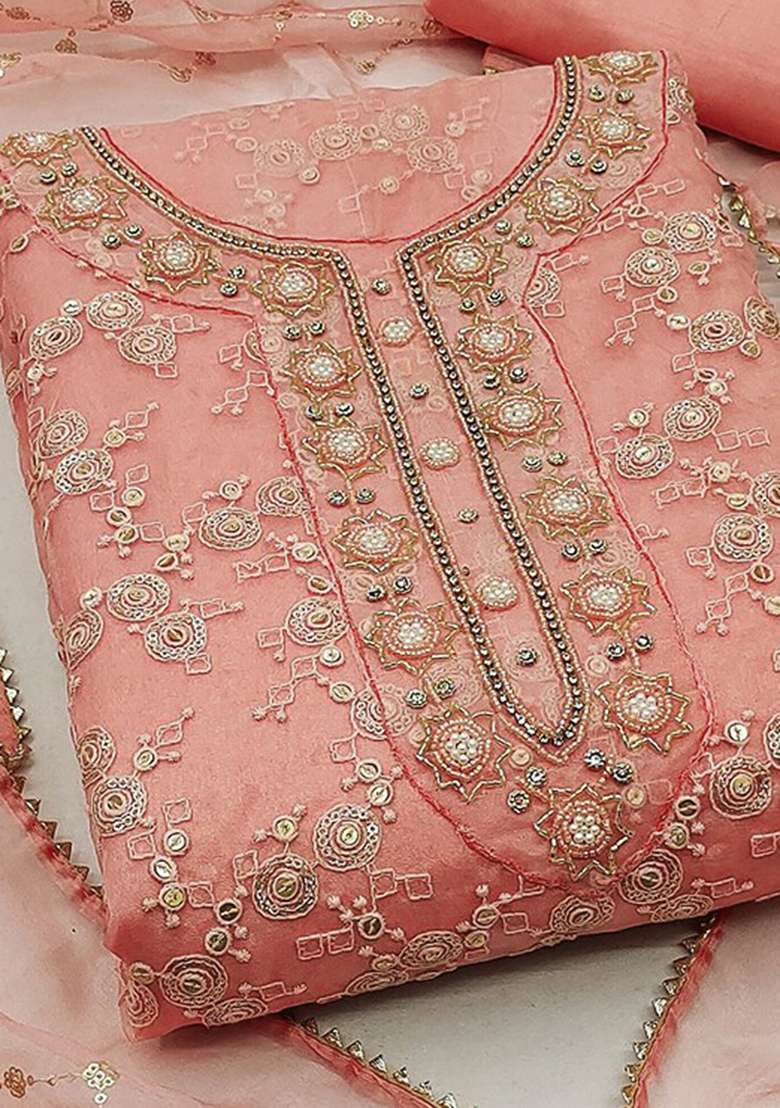 Peach Embroidered Organza Straight Kurta Set - Indya