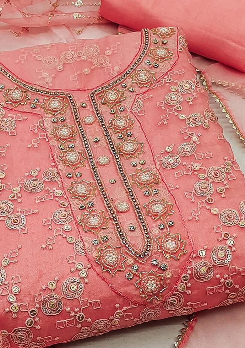 Peach Embellished Organza Kurta Set - Indya