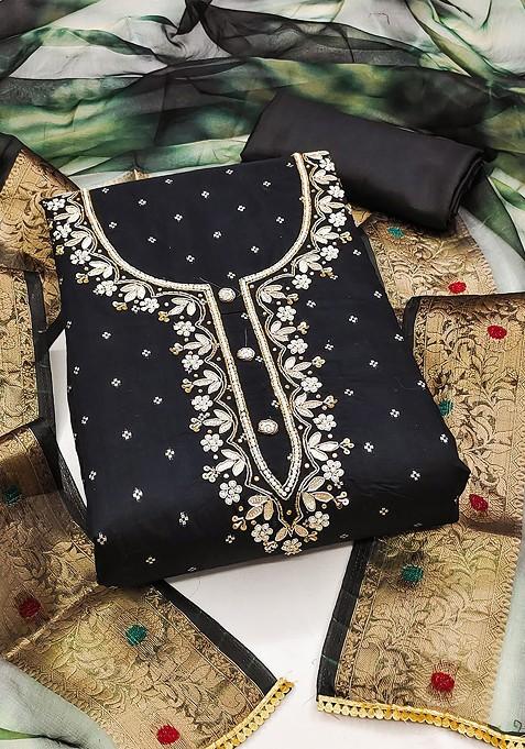 Black Woven Poly Blend Kurta Set
