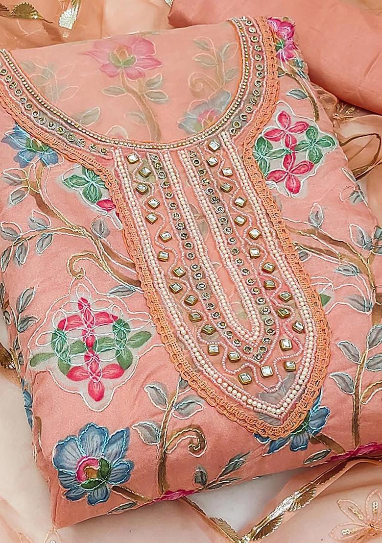 Peach Embellished Organza Kurta Set - Indya