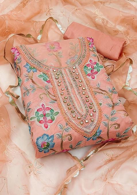 Peach Embellished Organza Kurta Set