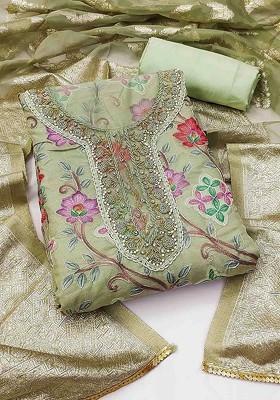 Fluorescent Green Embroidered Poly Blend Kurta Set