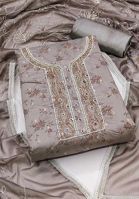 Grey Floral Print Poly Blend Kurta Set