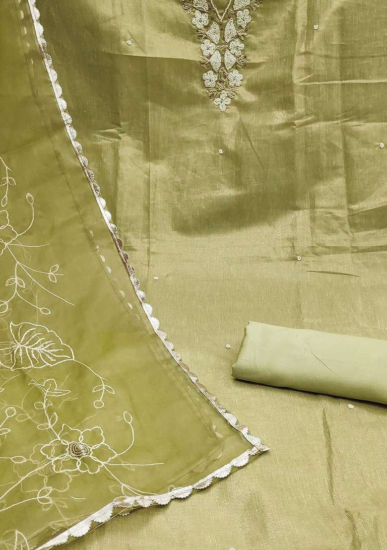 Olive Embroidered Blended Straight Kurta Set - Indya