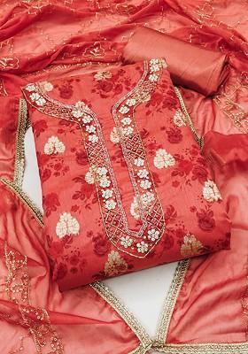 Rust Floral Print Poly Blend Kurta Set