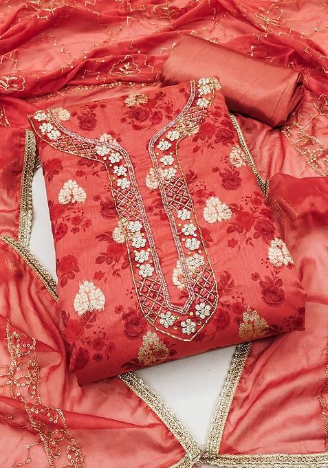 Rust Floral Print Poly Blend Kurta Set