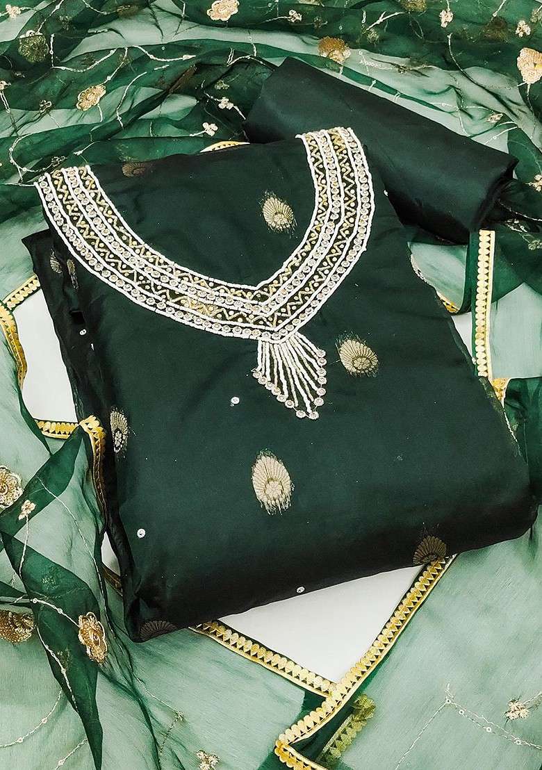 Green Embroidered Organza Straight Kurta Set - Indya