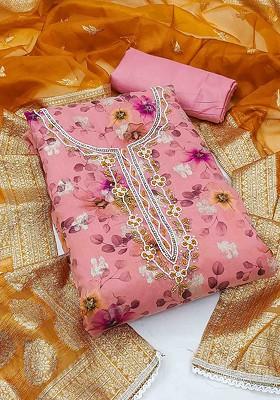 Pink Floral Print Organza Kurta Set