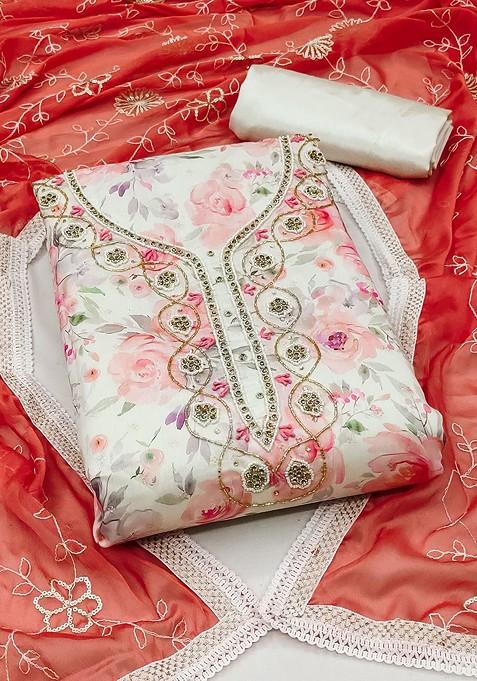 White Floral Print Poly Blend Kurta Set