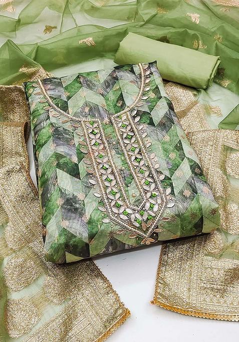 Green Printed Poly Blend Kurta Set