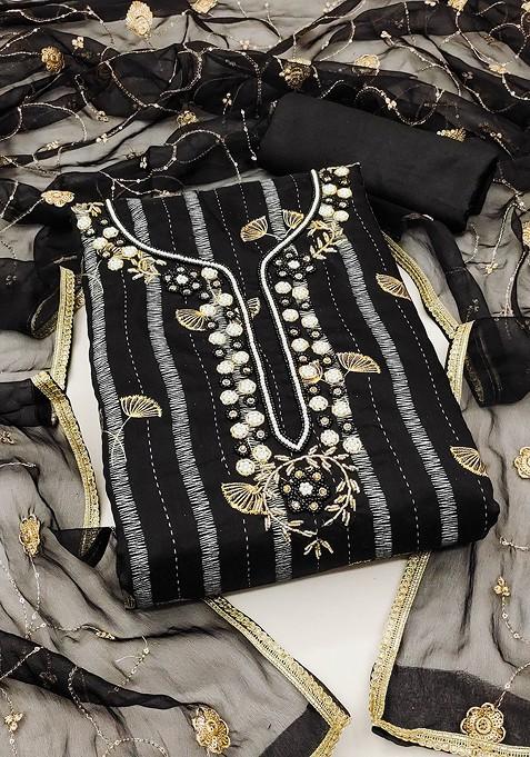 Black Floral Print Jacquard Kurta Set
