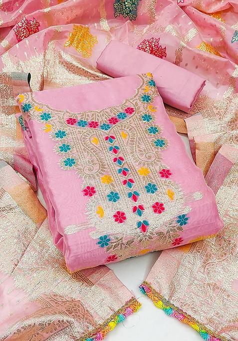 Pink Woven Organza Kurta Set