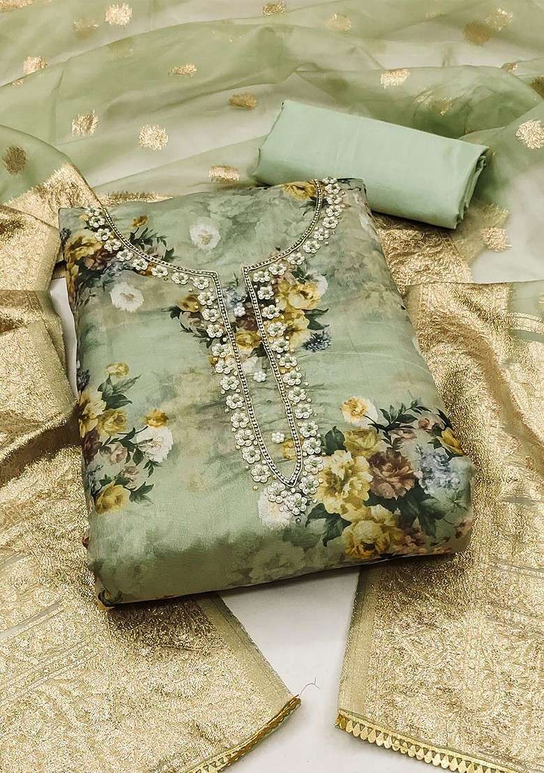 Sea Green Embroidered Organza Straight Kurta Set - Indya