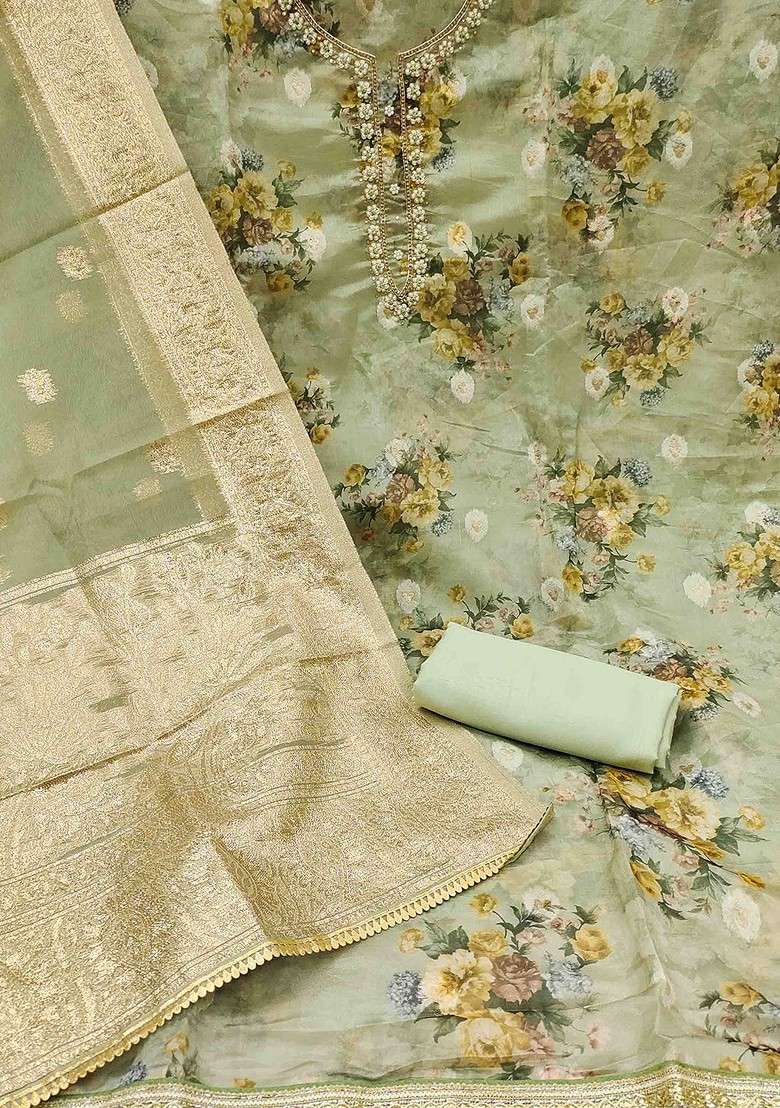 Sea Green Embroidered Organza Straight Kurta Set - Indya