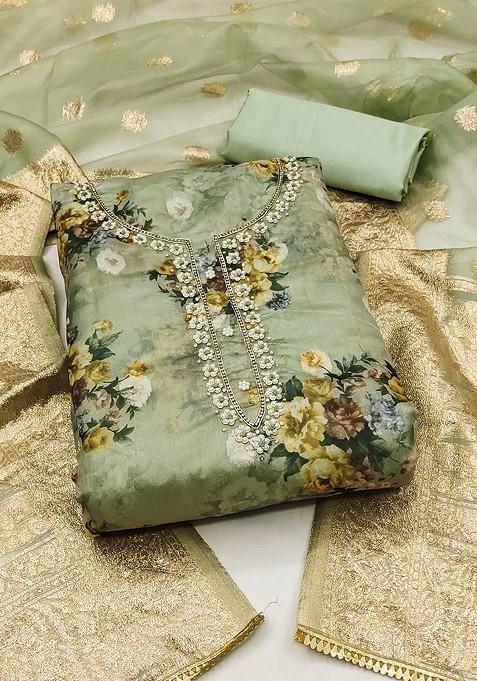 Sea Green Floral Print Organza Kurta Set