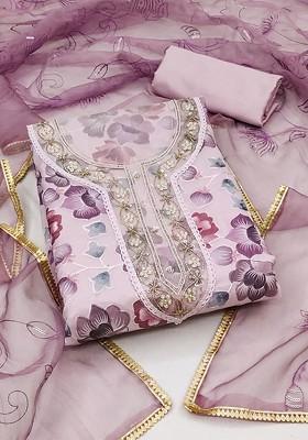 Purple Floral Print Organza Kurta Set