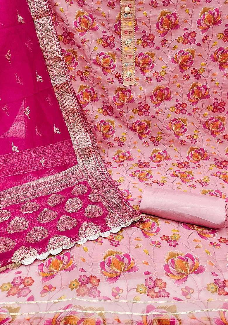 Pink Floral Print Poly Blend Kurta Set - Indya