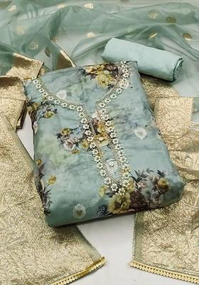 Teal Floral Print Organza Kurta Set