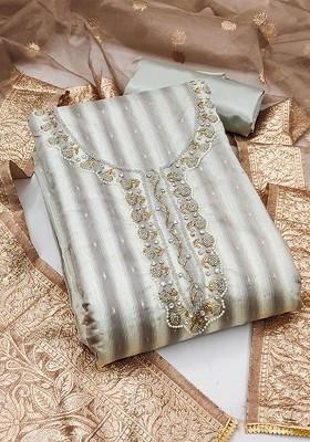 Grey Striped Print Poly Blend Kurta Set