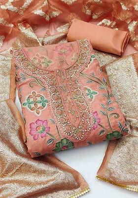 Peach Embroidered Organza Kurta Set
