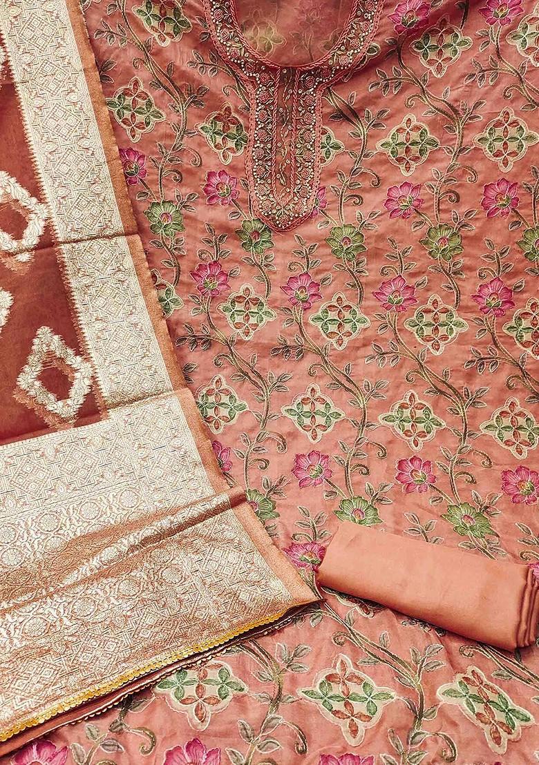 Peach Embroidered Organza Kurta Set - Indya