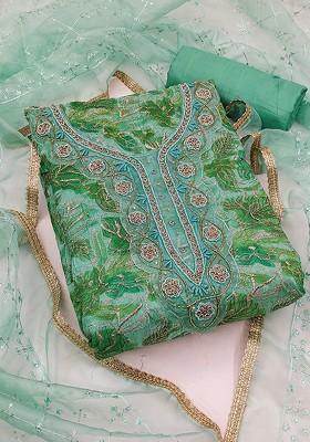 Green Floral Print Organza Kurta Set