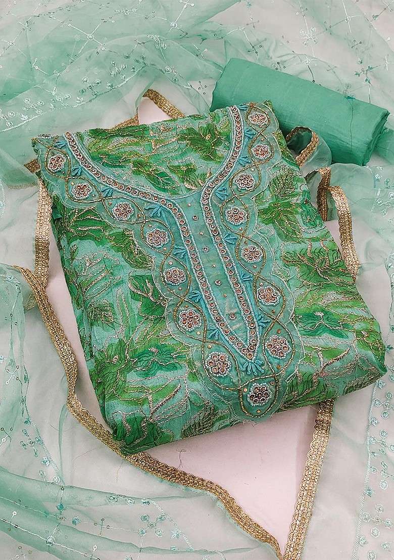 Green Embroidered Organza Pakistani Suit Set - Indya