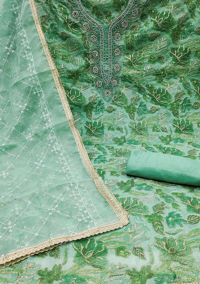 Green Embroidered Organza Pakistani Suit Set - Indya