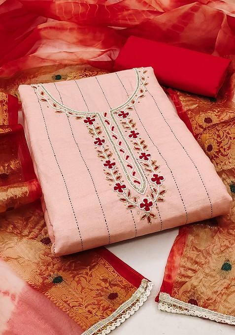 Peach Bead Embroidered Poly Blend Kurta Set