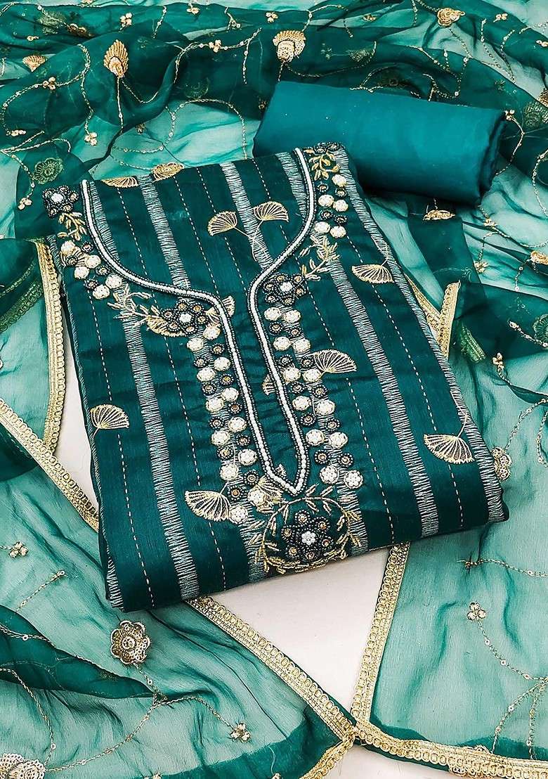 Sea Green Embellished Poly Blend Kurta Set - Indya