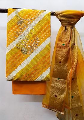 Yellow Bead Embroidered Poly Blend Kurta Set