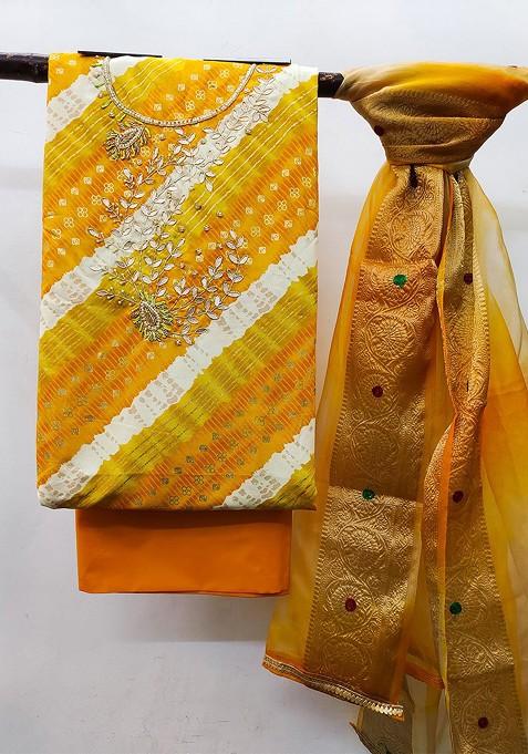 Yellow Bead Embroidered Poly Blend Kurta Set