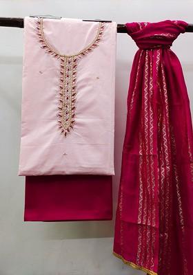Pink Embellished Poly Blend Kurta Set