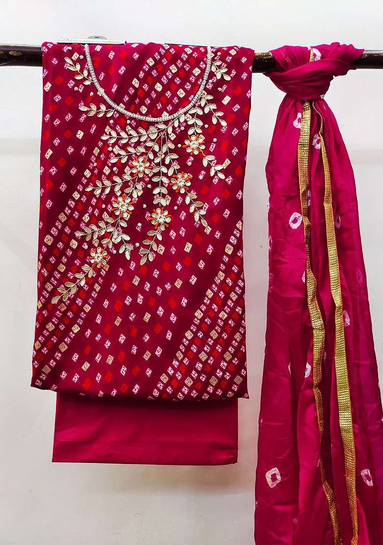 Pink Bandhani Blended Straight Kurta Set - Indya