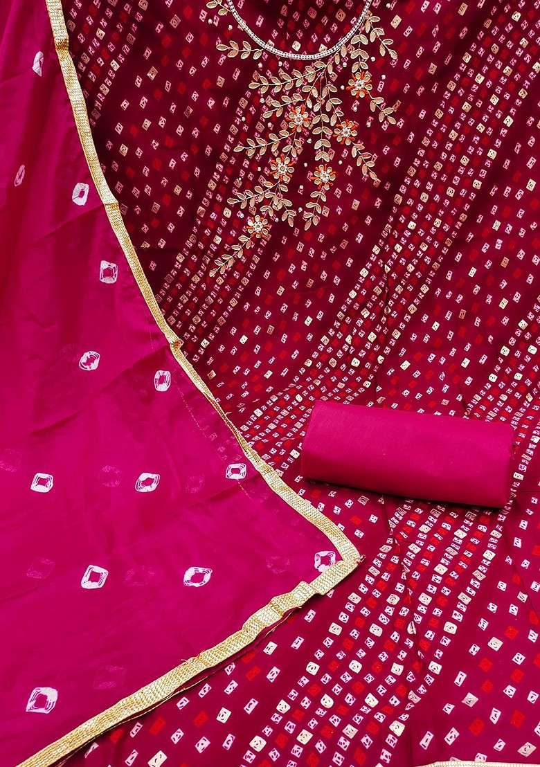 Pink Bandhani Blended Straight Kurta Set - Indya