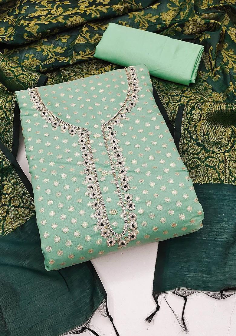 Green Woven Poly Blend Kurta Set - Indya